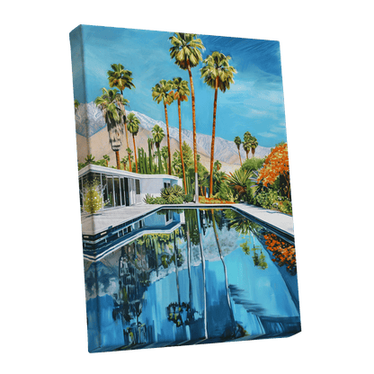 Desert Pool Reverie, blue, green, white nature wall art shown as a stretched canvas wall art