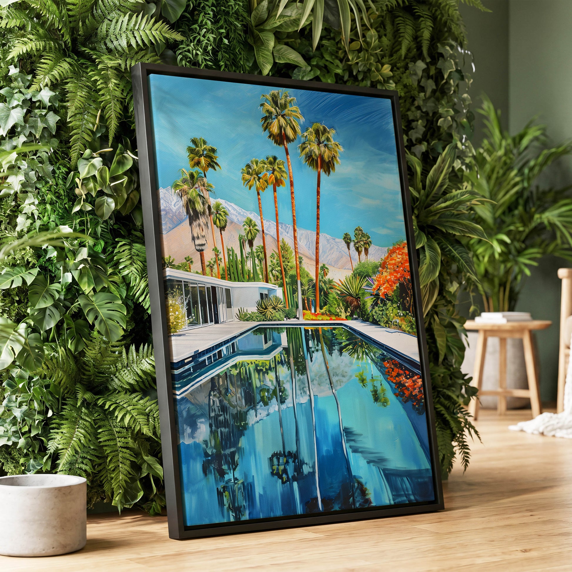 Desert Pool Reverie, blue, green, white nature wall art displayed in a styled interior, gallery view 1