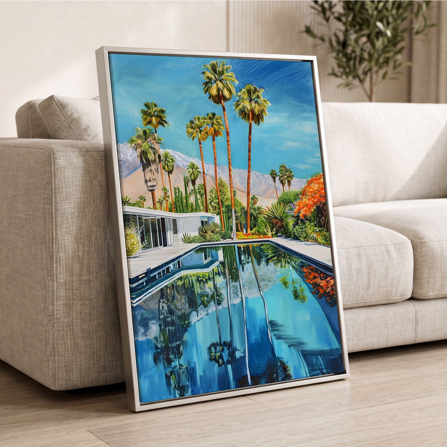 Desert Pool Reverie, blue, green, white nature wall art displayed in a styled interior, gallery view 2