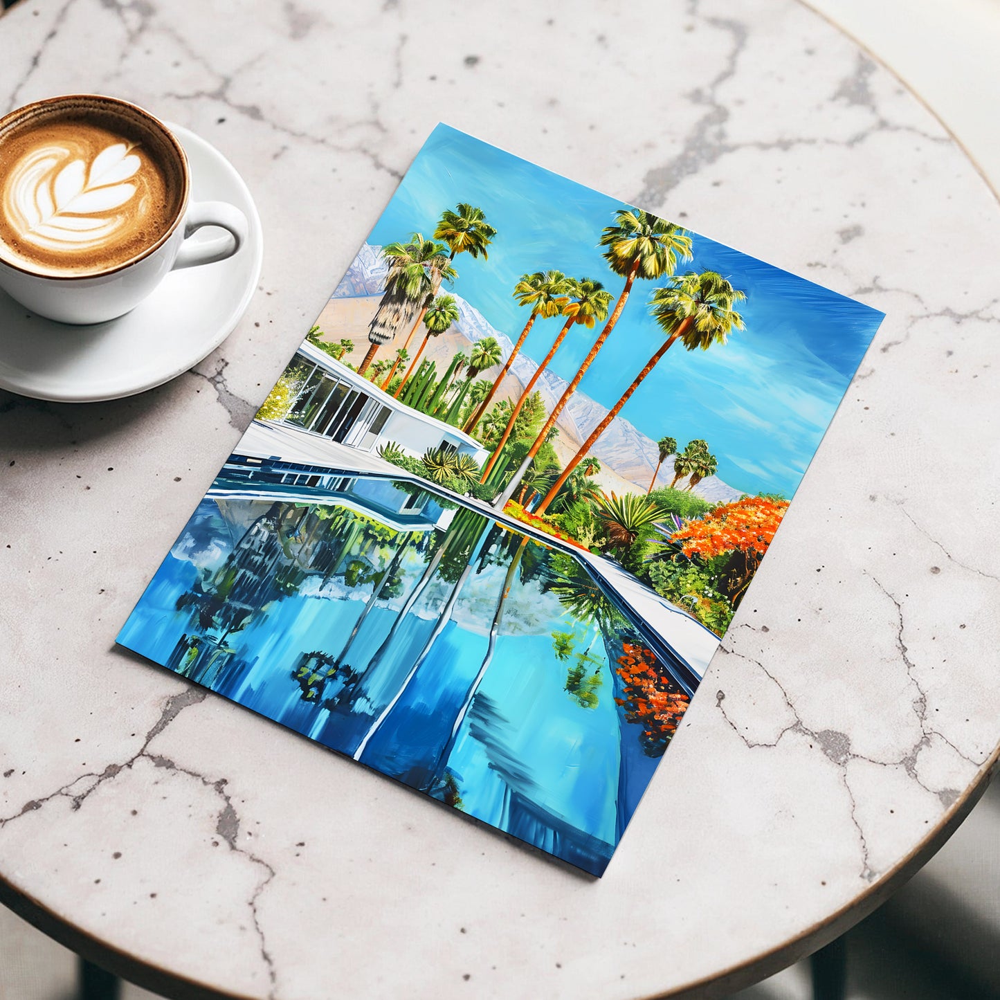 Desert Pool Reverie, blue, green, white nature wall art displayed in a styled interior, gallery view 3