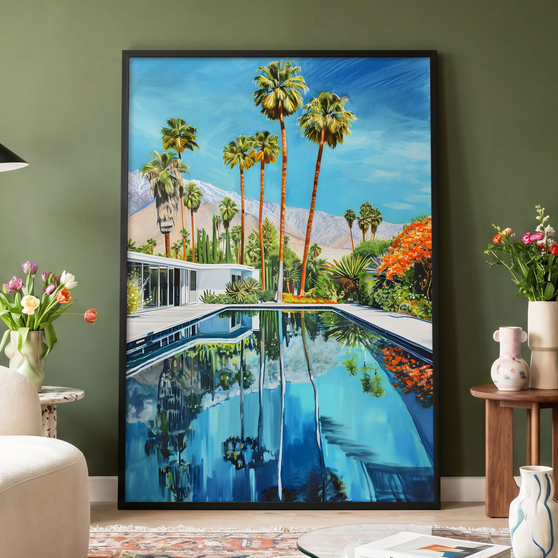 Desert Pool Reverie, blue, green, white nature wall art displayed in a styled interior, gallery view 4