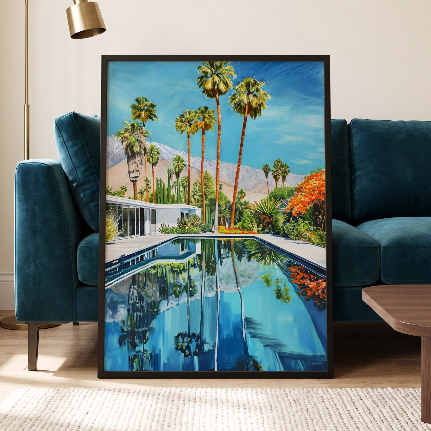 Desert Pool Reverie, blue, green, white nature wall art displayed in a styled interior, gallery view 6