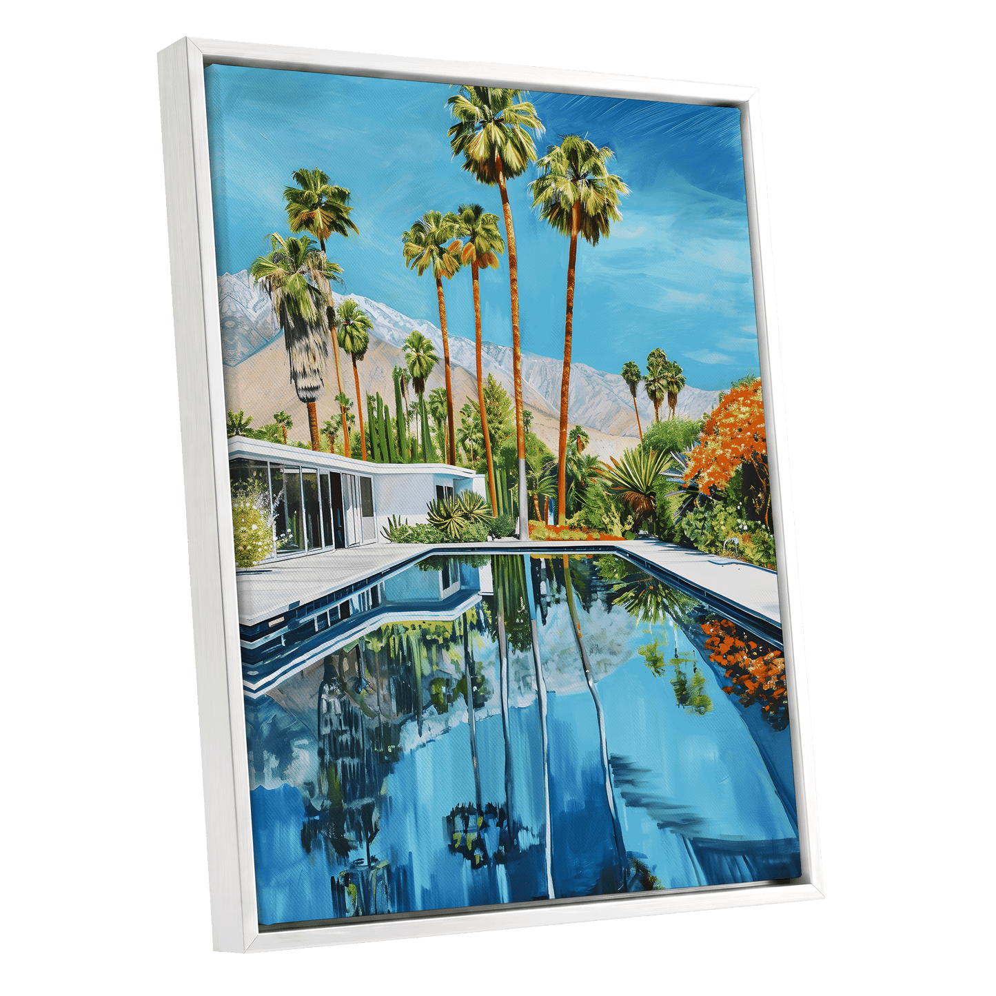 Desert Pool Reverie, blue, green, white nature wall art shown as a white framed canvas wall art