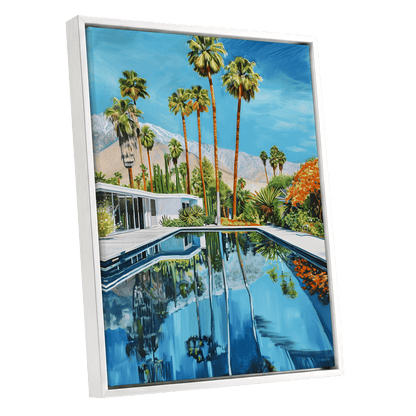 Desert Pool Reverie, blue, green, white nature wall art shown as a white framed canvas wall art
