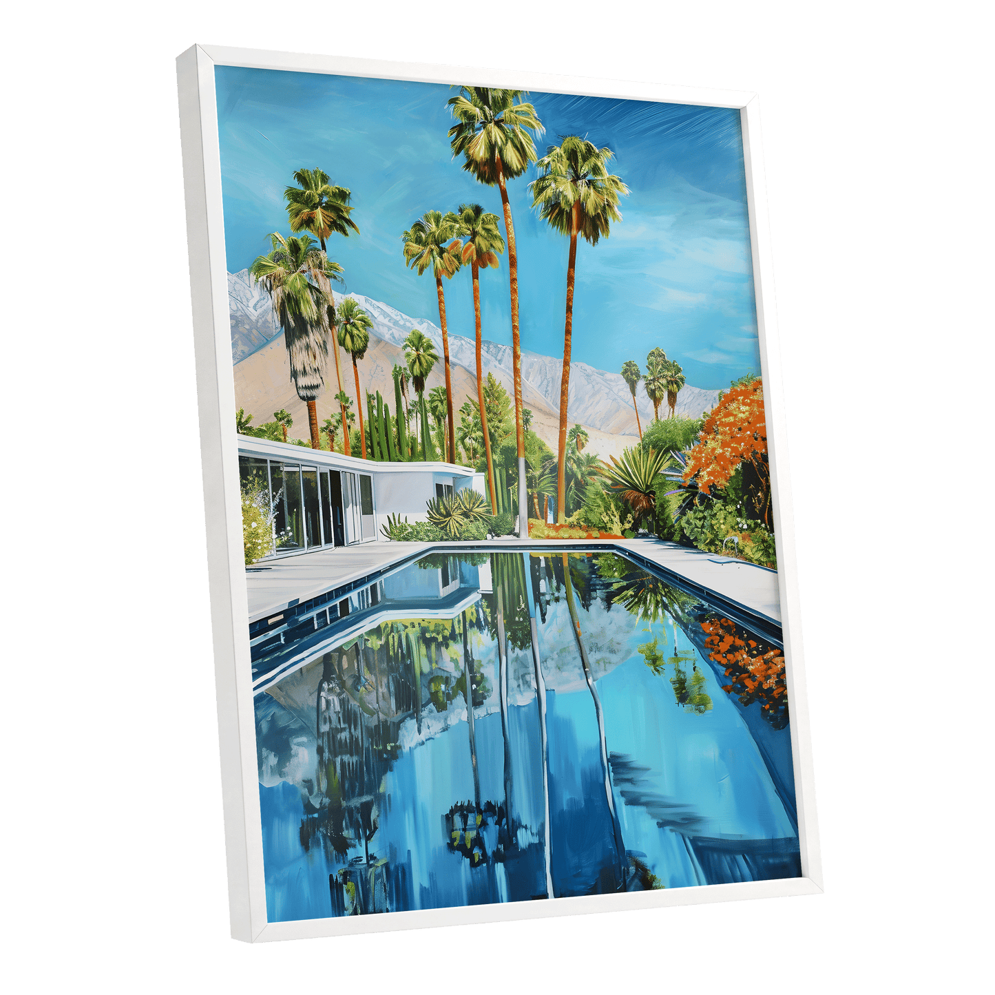 Desert Pool Reverie, blue, green, white nature wall art shown as a white framed poster wall art print
