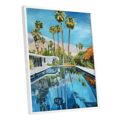 Desert Pool Reverie, blue, green, white nature wall art shown as a white framed poster wall art print