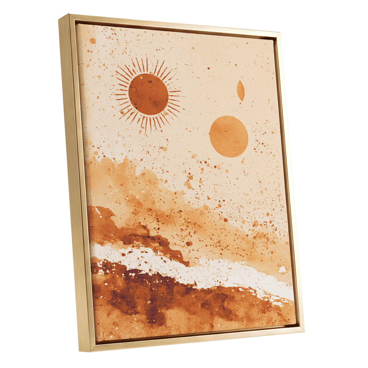 Desert Sun Landscape: a framed abstract art print featuring a warm desert landscape with a sun, a moon, and watercolor-like earthy brown and beige tones, set in a gold-toned frame against a white background.