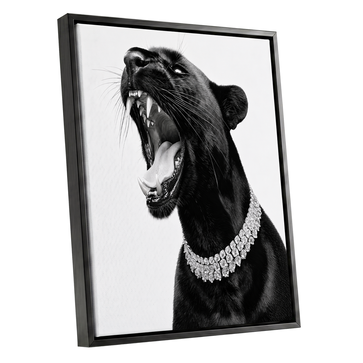 Diamond Roar, black, white, gray nature wall art shown as a black framed canvas wall art
