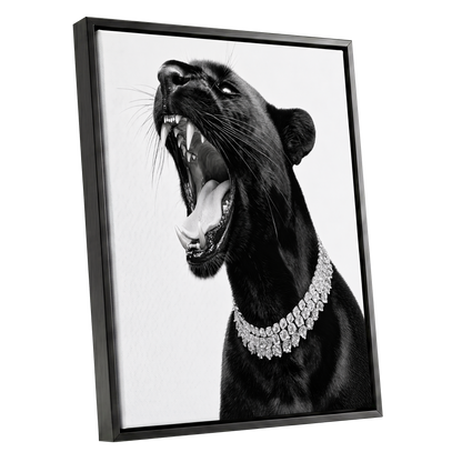 Diamond Roar, black, white, gray nature wall art shown as a black framed canvas wall art