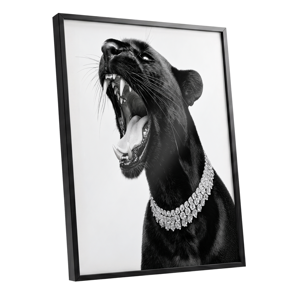 Diamond Roar, black, white, gray nature wall art shown as a black framed poster wall art print