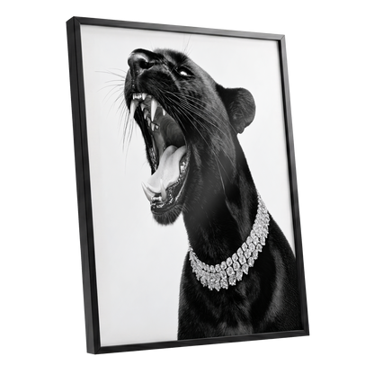 Diamond Roar, black, white, gray nature wall art shown as a black framed poster wall art print