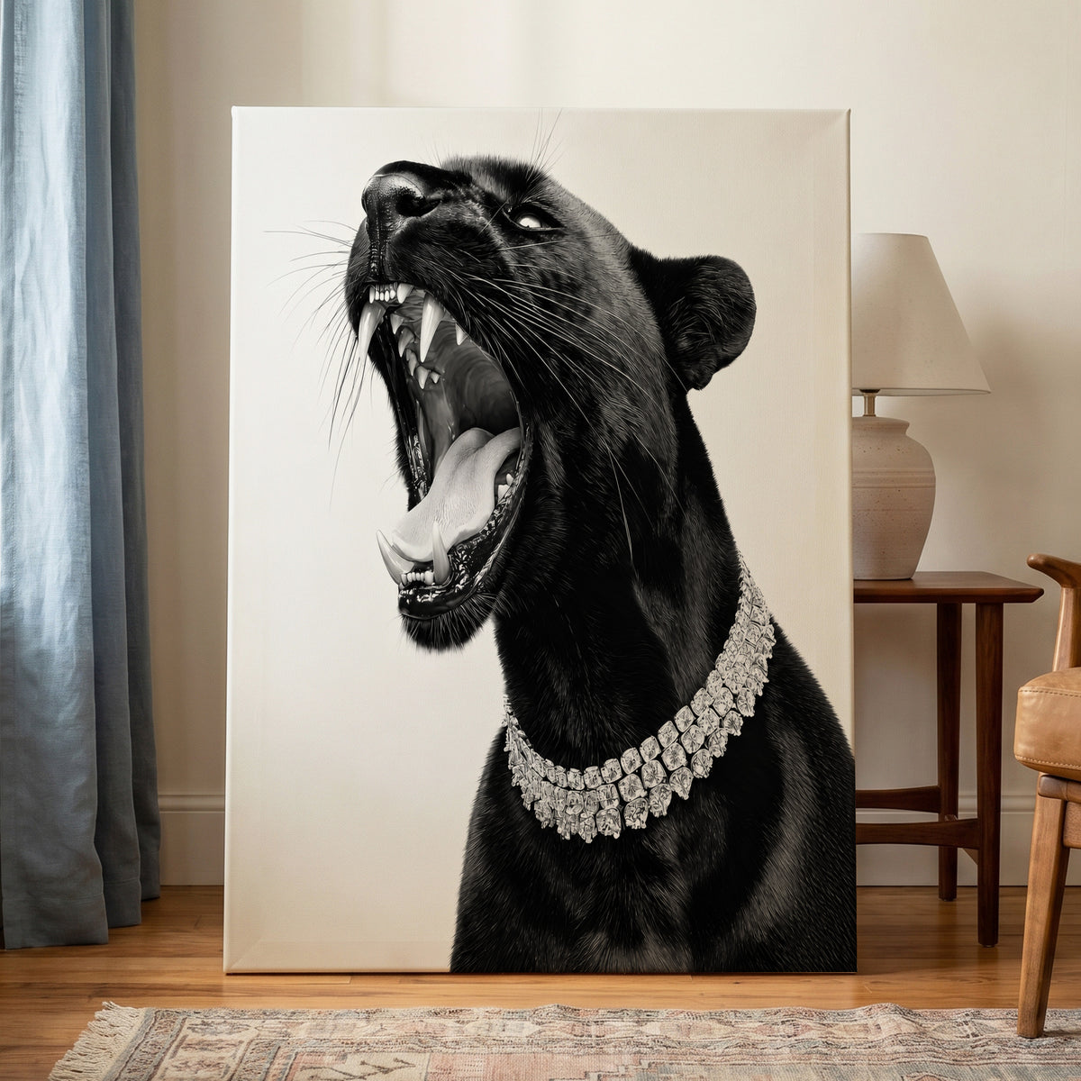 Diamond Roar, black, white, gray nature wall art on canvas displayed in a styled interior, gallery view 1