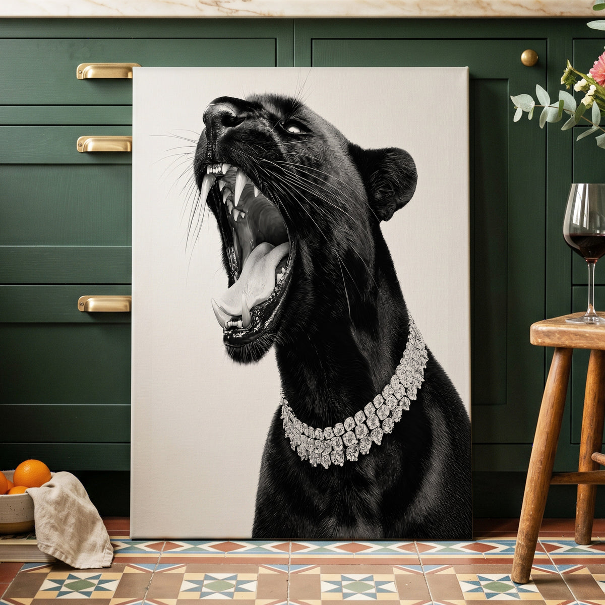 Diamond Roar, black, white, gray nature wall art on canvas displayed in a styled interior, gallery view 2