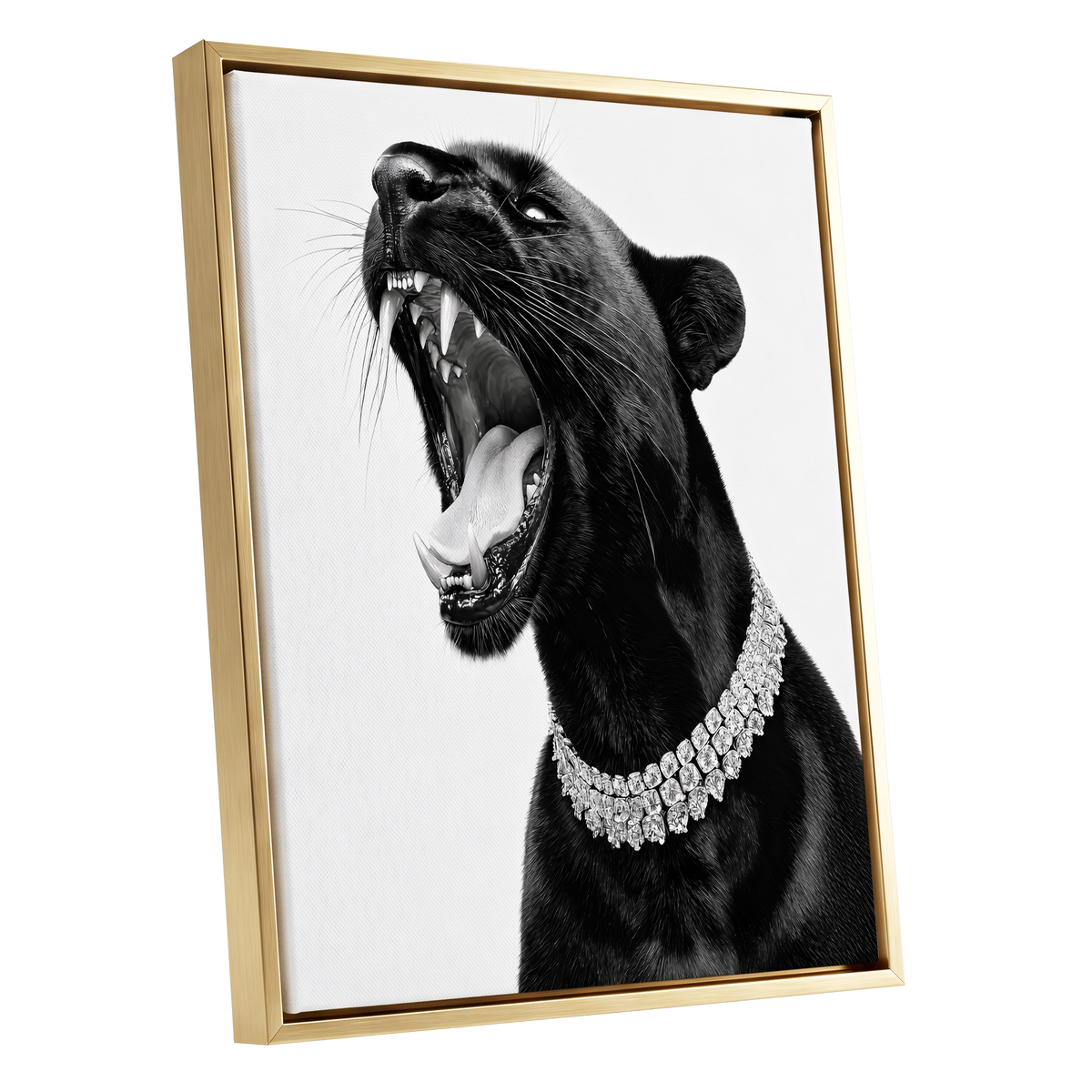 Diamond Roar, black, white, gray nature wall art shown as a gold framed canvas wall art