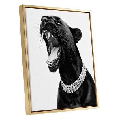 Diamond Roar, black, white, gray nature wall art shown as a gold framed canvas wall art