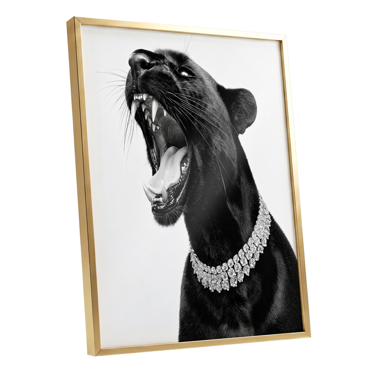 Diamond Roar, black, white, gray nature wall art shown as a gold framed poster wall art print