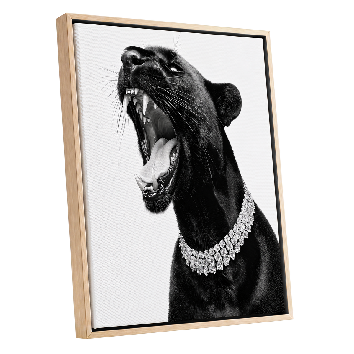 Diamond Roar, black, white, gray nature wall art shown as a oak framed canvas wall art