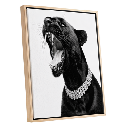 Diamond Roar, black, white, gray nature wall art shown as a oak framed canvas wall art