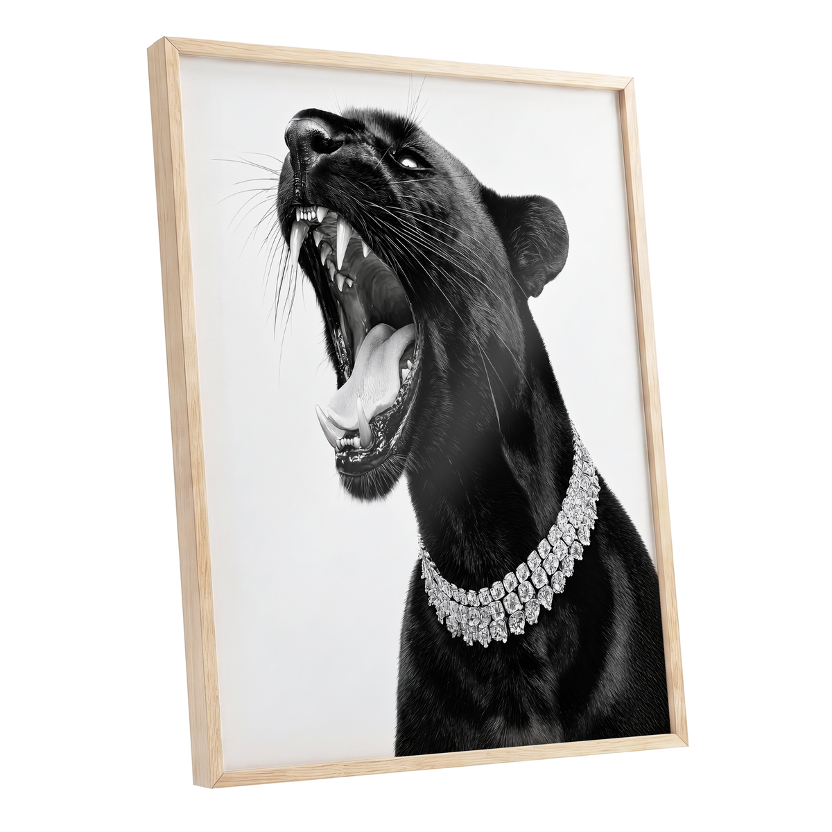 Diamond Roar, black, white, gray nature wall art shown as a oak framed poster wall art print