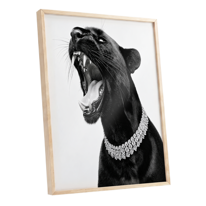Diamond Roar, black, white, gray nature wall art shown as a oak framed poster wall art print