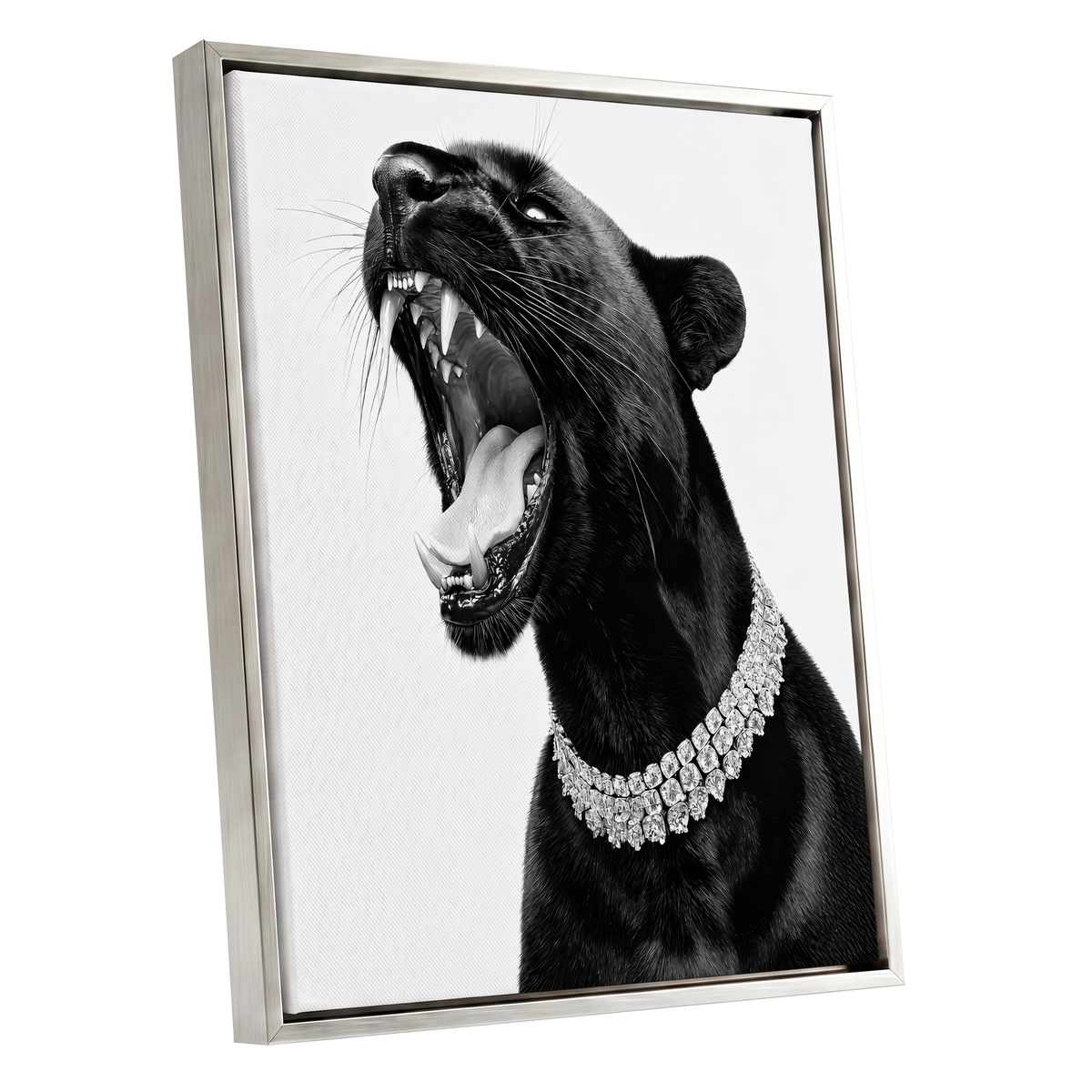 Diamond Roar, black, white, gray nature wall art shown as a silver framed canvas wall art