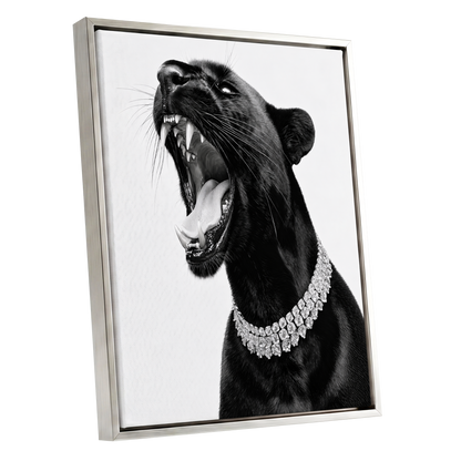 Diamond Roar, black, white, gray nature wall art shown as a silver framed canvas wall art