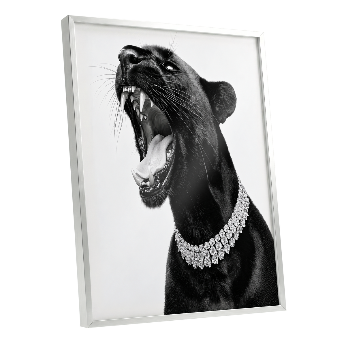Diamond Roar, black, white, gray nature wall art shown as a silver framed poster wall art print