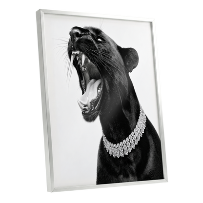Diamond Roar, black, white, gray nature wall art shown as a silver framed poster wall art print