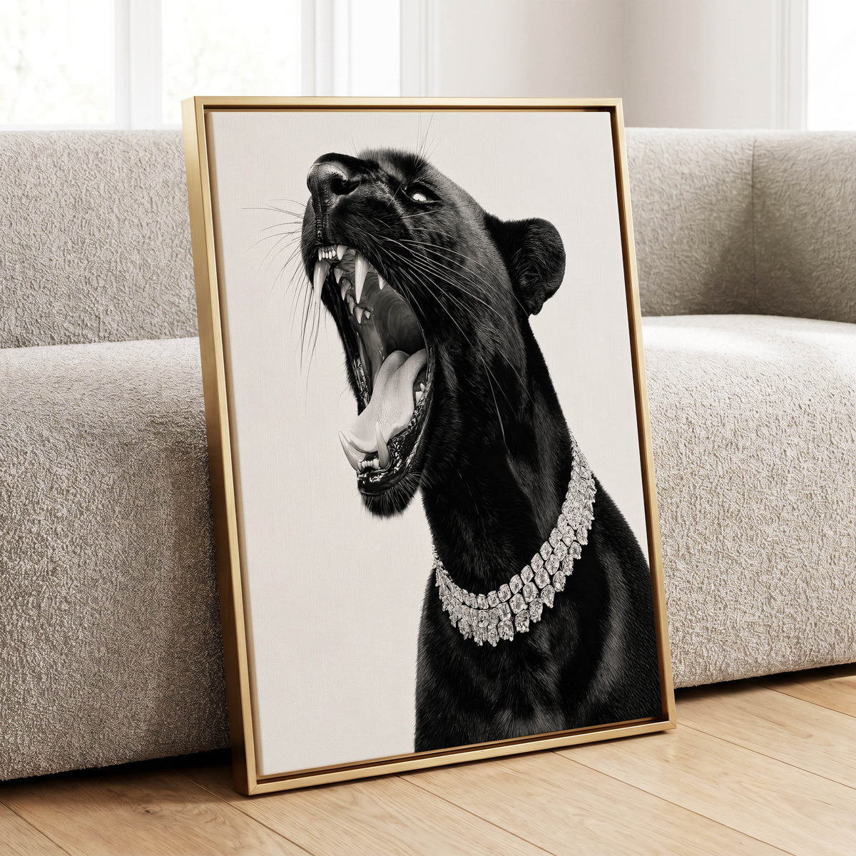 Diamond Roar, black, white, gray nature wall art displayed in a styled interior, gallery view 1