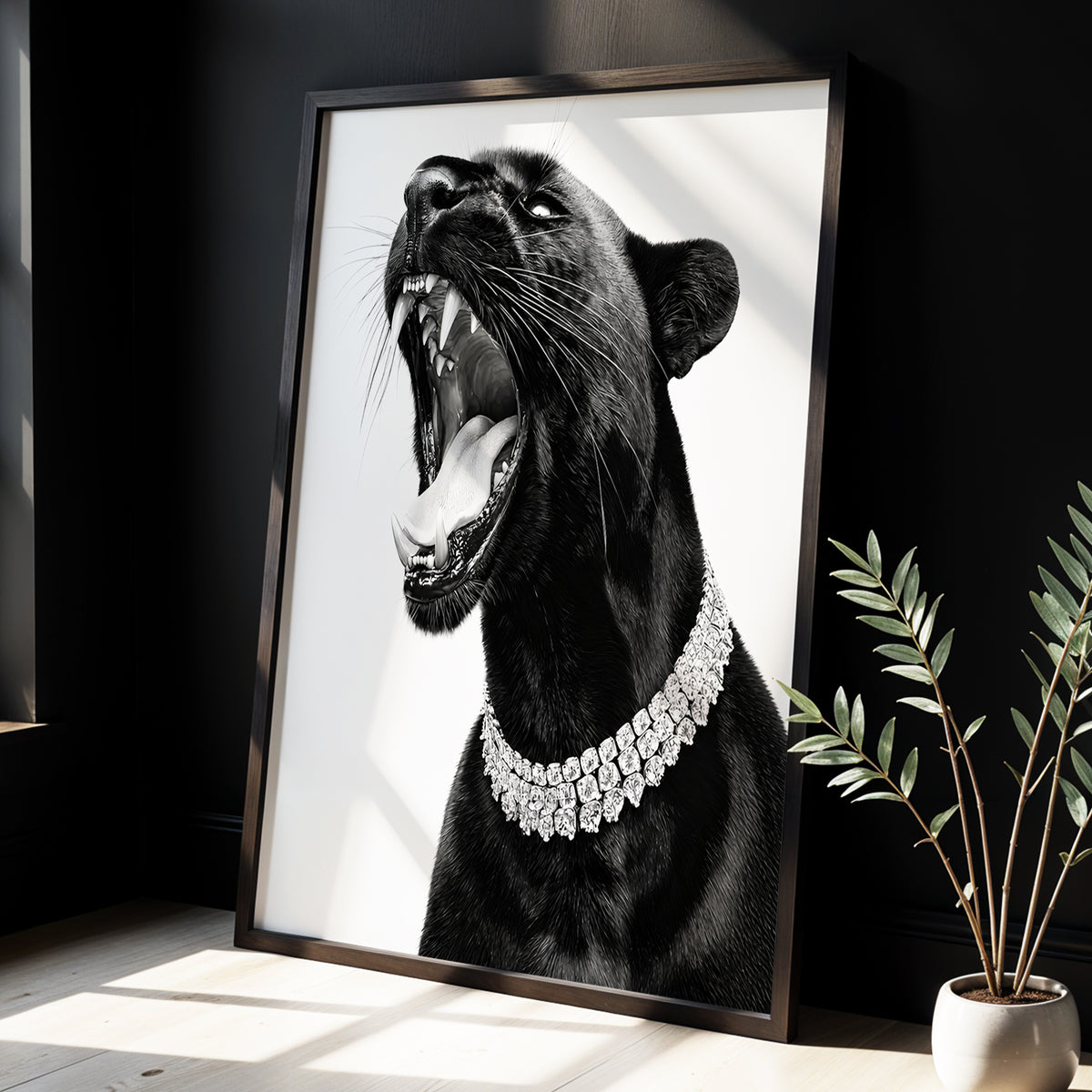 Diamond Roar, black, white, gray nature wall art displayed in a styled interior, gallery view 2