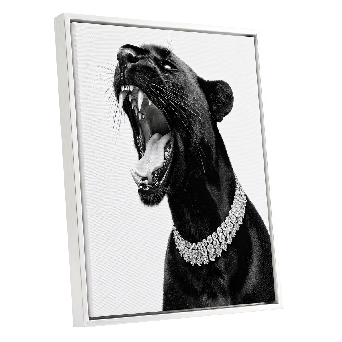 Diamond Roar, black, white, gray nature wall art shown as a white framed canvas wall art