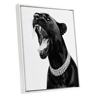 Diamond Roar, black, white, gray nature wall art shown as a white framed canvas wall art