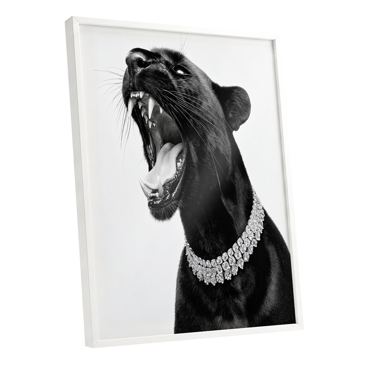 Diamond Roar, black, white, gray nature wall art shown as a white framed poster wall art print