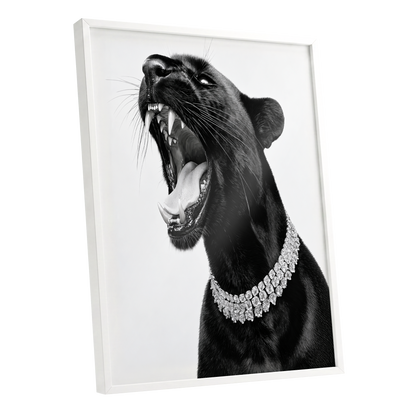 Diamond Roar, black, white, gray nature wall art shown as a white framed poster wall art print