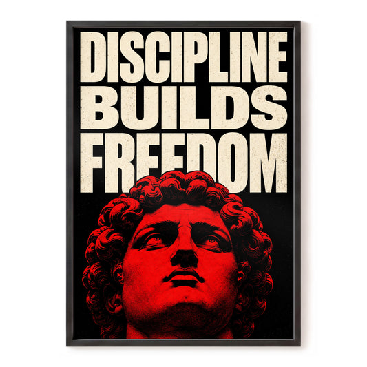 Discipline Builds Freedom, black, beige, red minimalist wall art, front artwork view