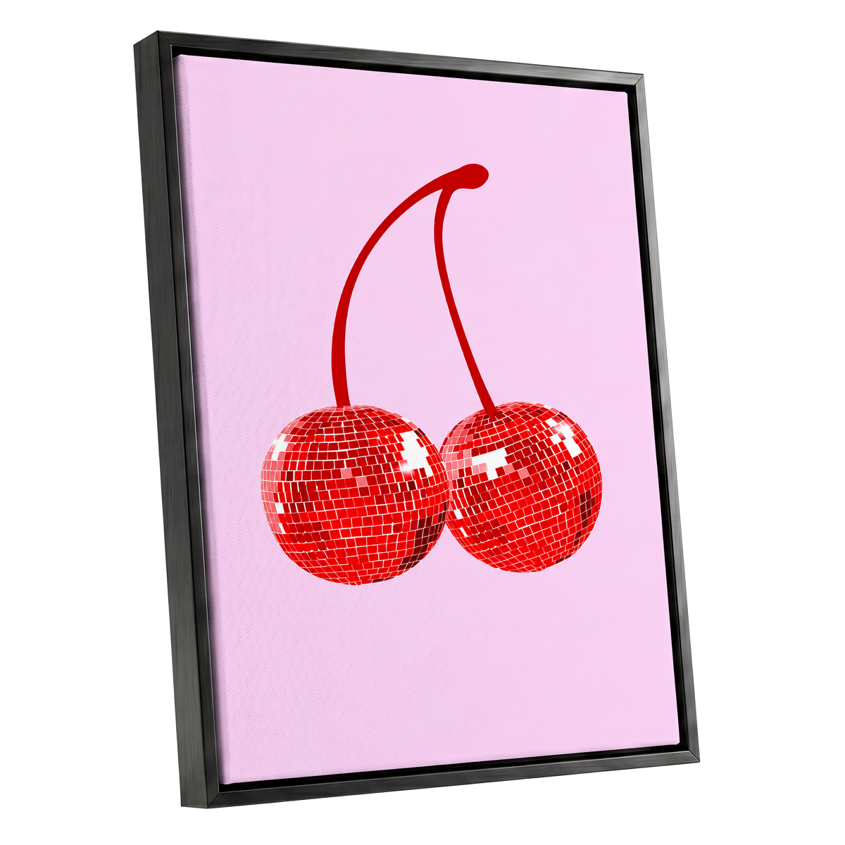 Disco Cherries, pink, red, white nature wall art shown as a black framed canvas wall art