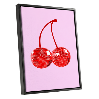Disco Cherries, pink, red, white nature wall art shown as a black framed canvas wall art