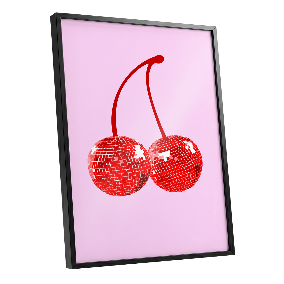 Disco Cherries, pink, red, white nature wall art shown as a black framed poster wall art print