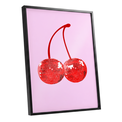 Disco Cherries, pink, red, white nature wall art shown as a black framed poster wall art print