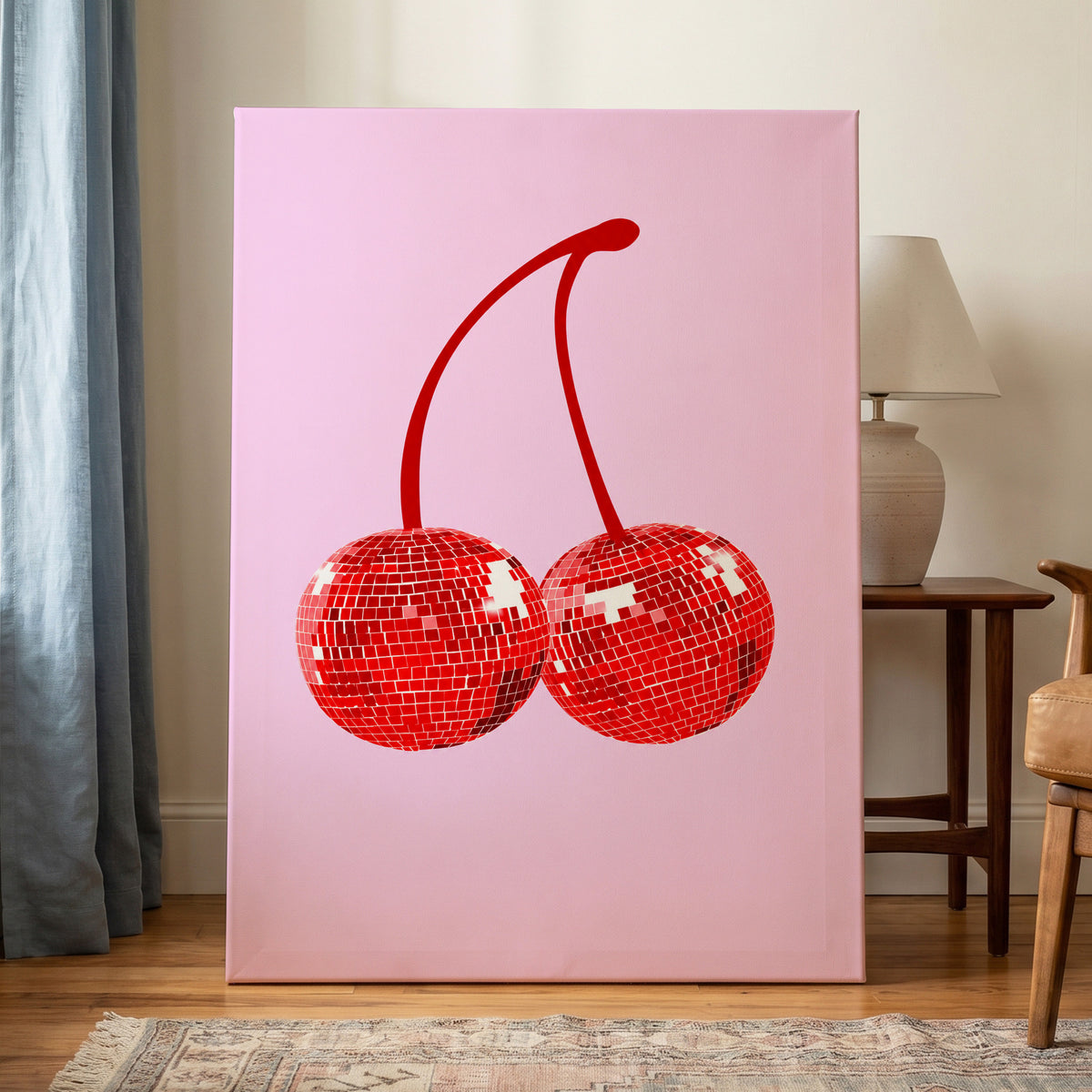 Disco Cherries, pink, red, white nature wall art on canvas displayed in a styled interior, gallery view 1