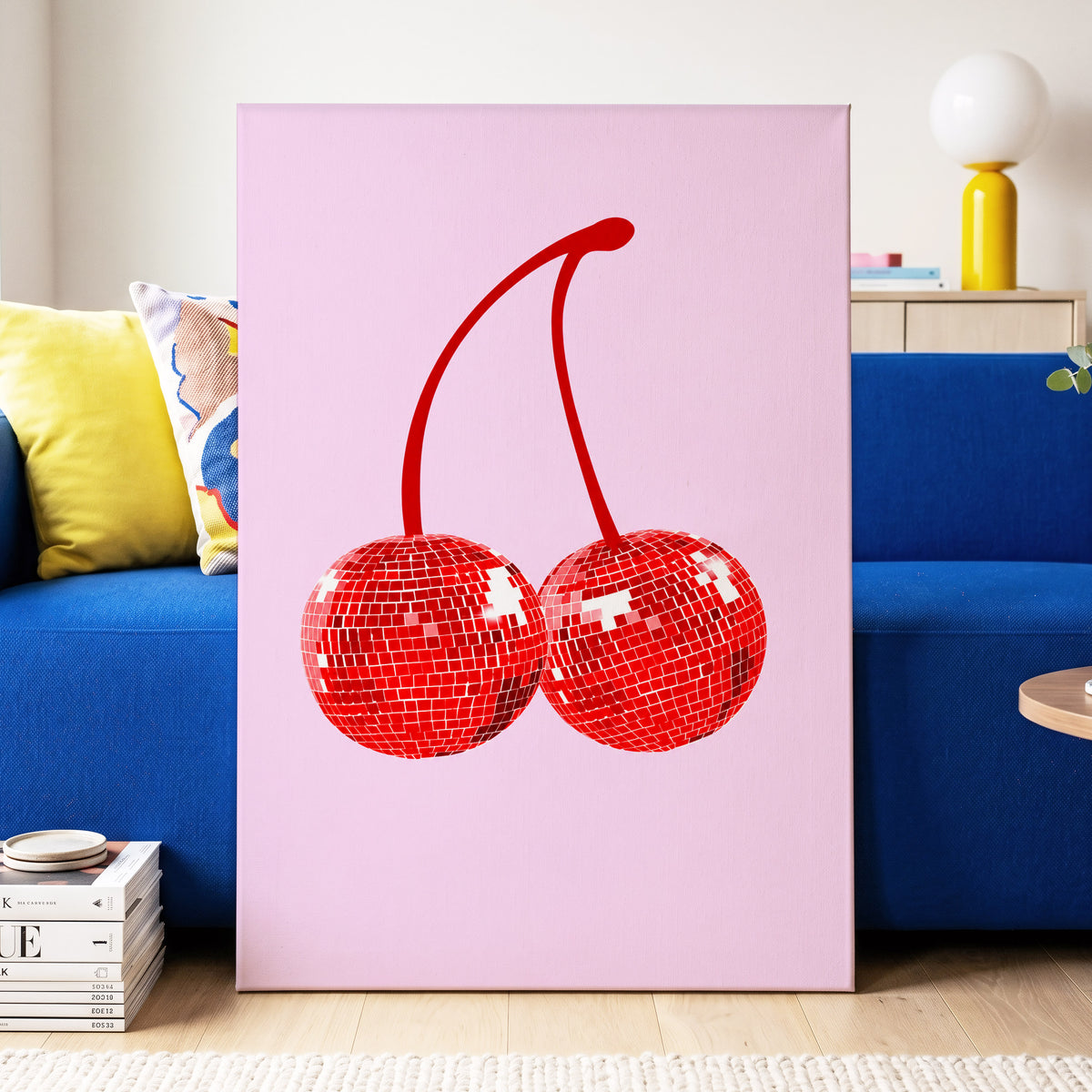 Disco Cherries, pink, red, white nature wall art on canvas displayed in a styled interior, gallery view 2