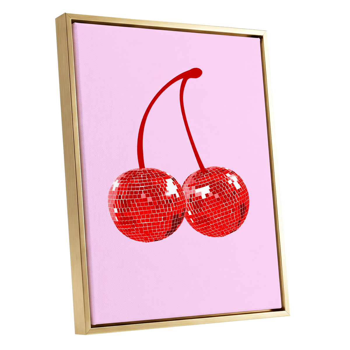 Disco Cherries, pink, red, white nature wall art shown as a gold framed canvas wall art