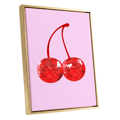 Disco Cherries, pink, red, white nature wall art shown as a gold framed canvas wall art