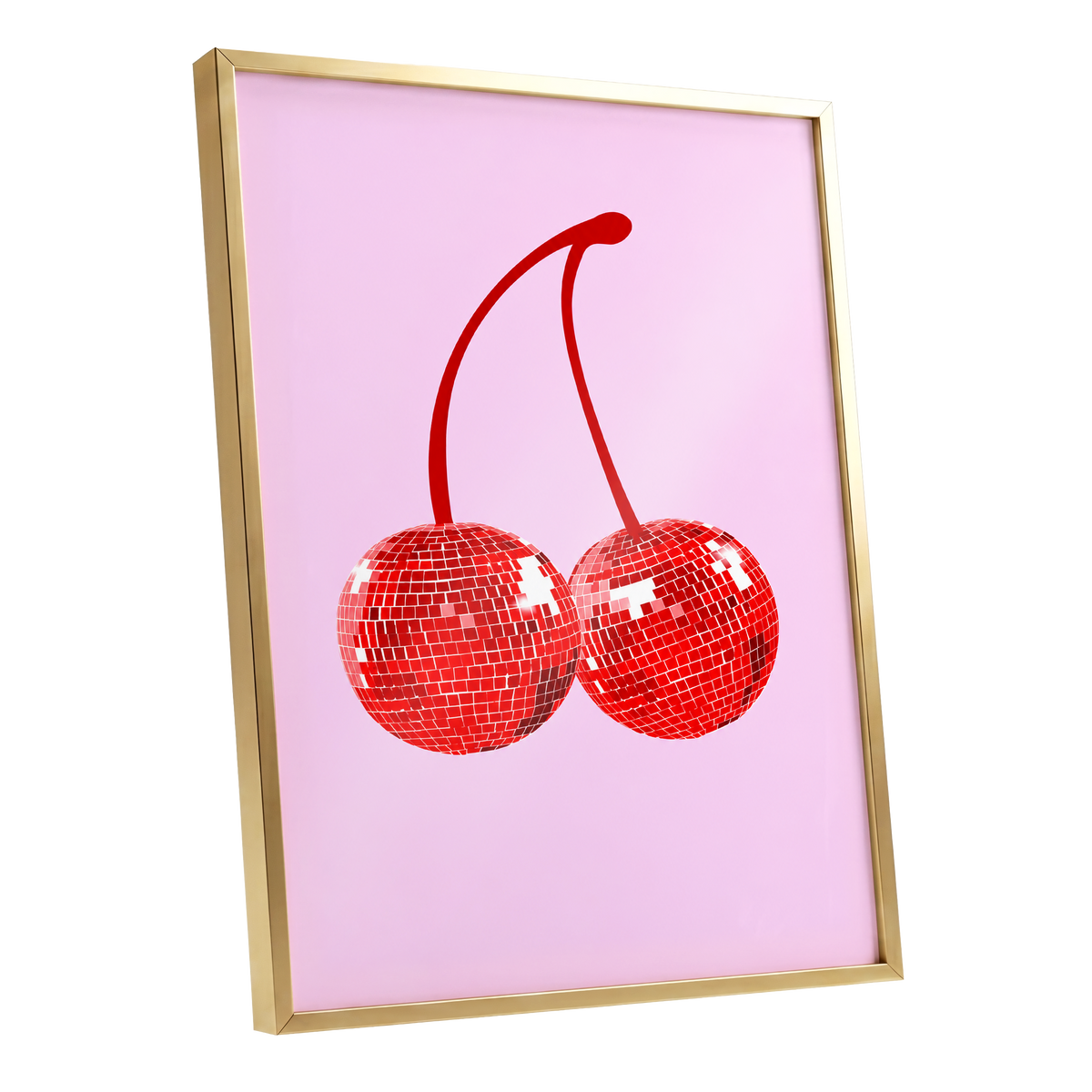 Disco Cherries, pink, red, white nature wall art shown as a gold framed poster wall art print