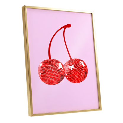 Disco Cherries, pink, red, white nature wall art shown as a gold framed poster wall art print