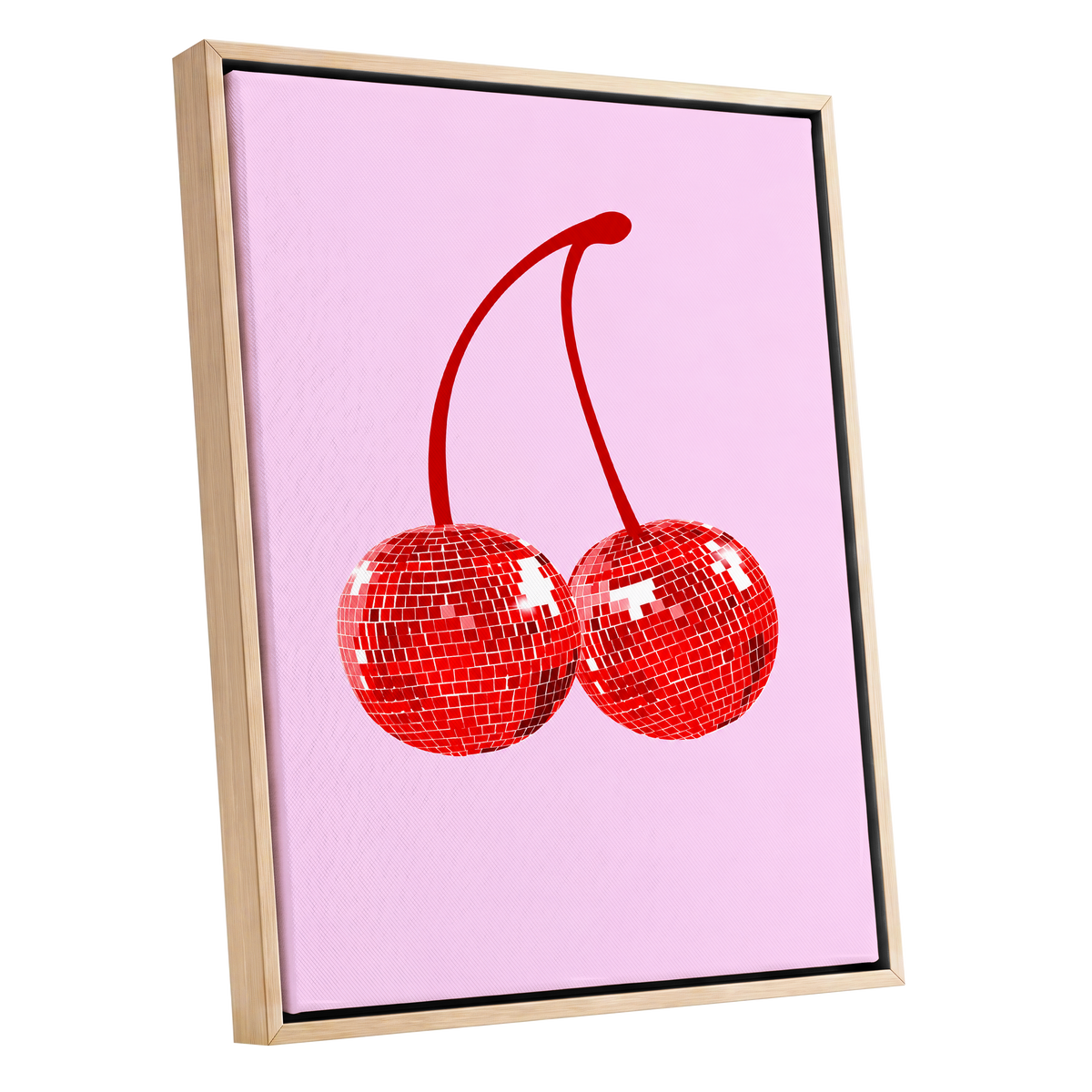 Disco Cherries, pink, red, white nature wall art shown as a oak framed canvas wall art