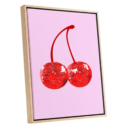 Disco Cherries, pink, red, white nature wall art shown as a oak framed canvas wall art
