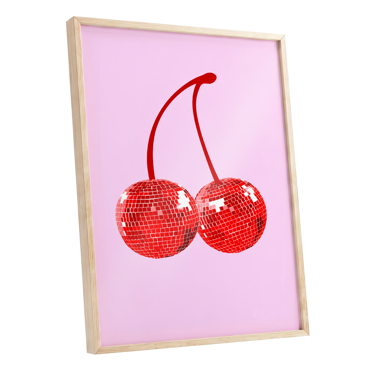 Disco Cherries, pink, red, white nature wall art shown as a oak framed poster wall art print