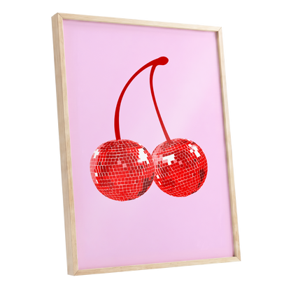 Disco Cherries, pink, red, white nature wall art shown as a oak framed poster wall art print