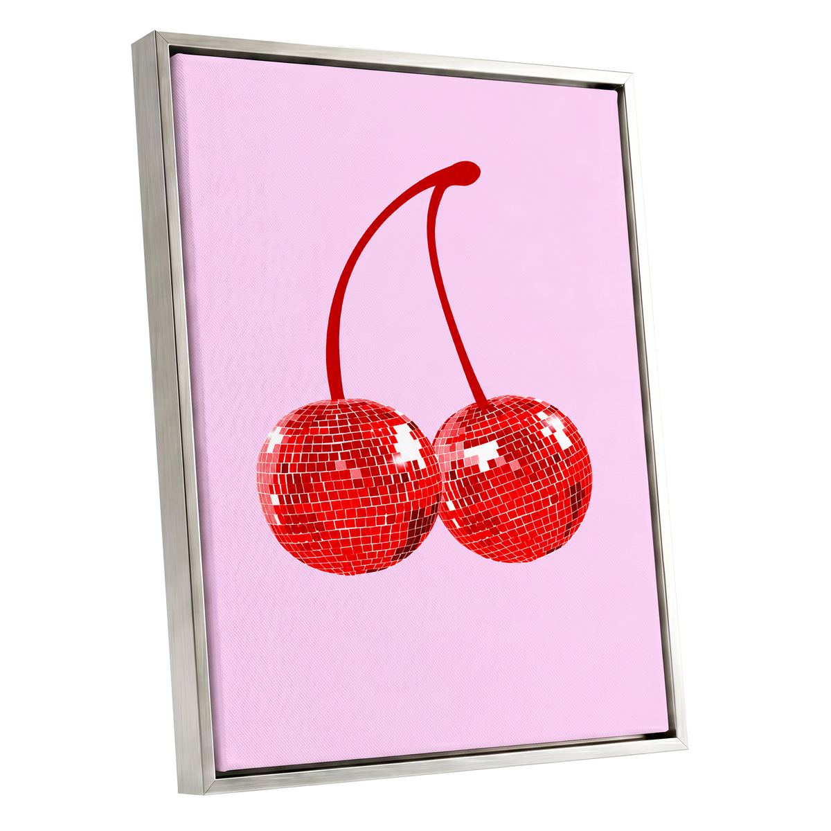 Disco Cherries, pink, red, white nature wall art shown as a silver framed canvas wall art
